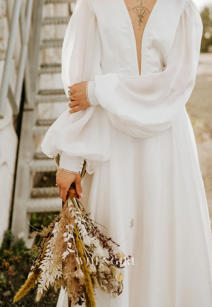 A-Line V Neck Long Puff Sleeves Sweep Trian Tassel Beach Wedding Dress