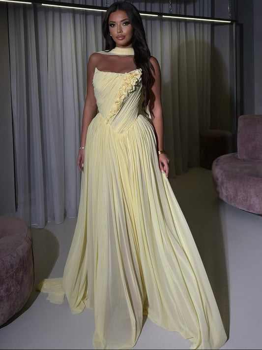 Pleated Sleeveless Dreamy Daffodil Straight Across Prom Dress With Scarf