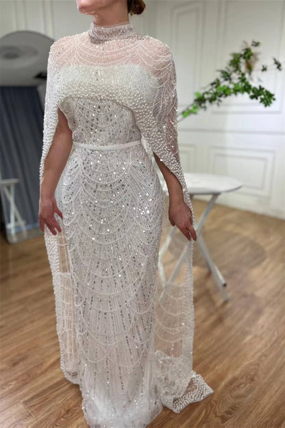 High Neck Sheath Pearls Prom Dresses With Cape Long Sequins Beads