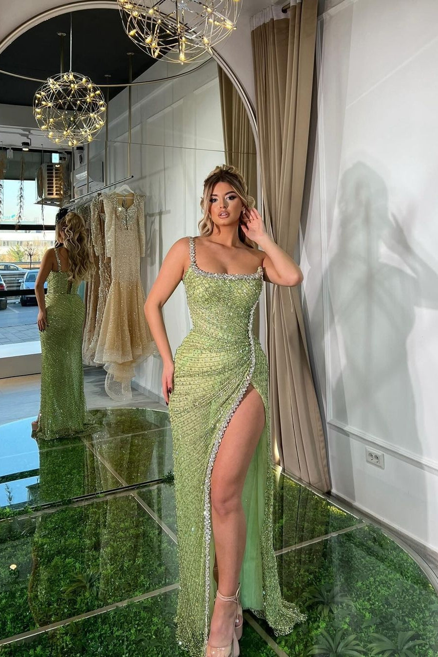 Sexy Green Sleeveless Spaghetti Strap Prom Dress High Slit with Beads