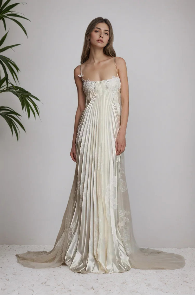 Stain Spaghetti Strap Sleeveless Long Prom Dress With Appliques