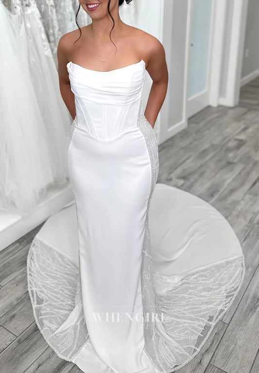 Sheath Bateau Neck Sleeveless Court Train Beaded Pleated Wedding Dress