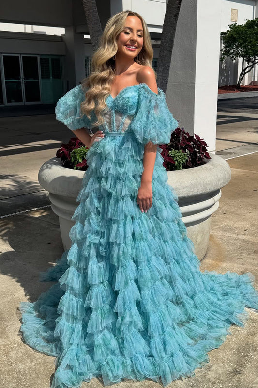 Cute A Line Sweetheart Off the Shoulder Tiered Tulle Long Prom Dress