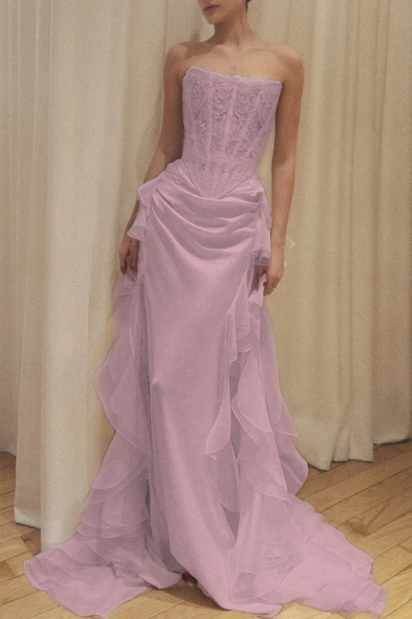 Elegant Strapless Prom Dress Sleeveless Lace with Train