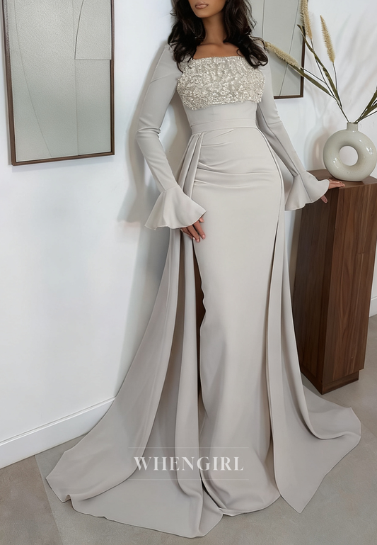 Gray Square Neck Long Sleeves Sheath Beaded Evening Formal Dress with Train