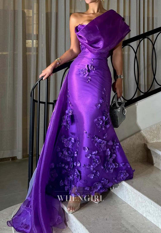 Regency One Shoulder Sleeveless Formal Dress Train Ruched Floral Mermaid Evening Dress