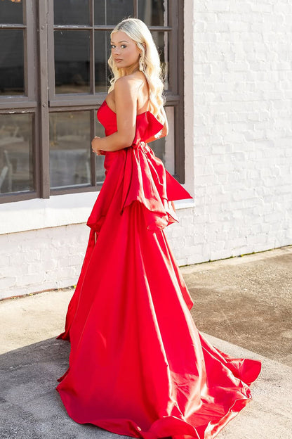 Mermaid Strapless Red Satin Long Prom Dresses with Bowknot