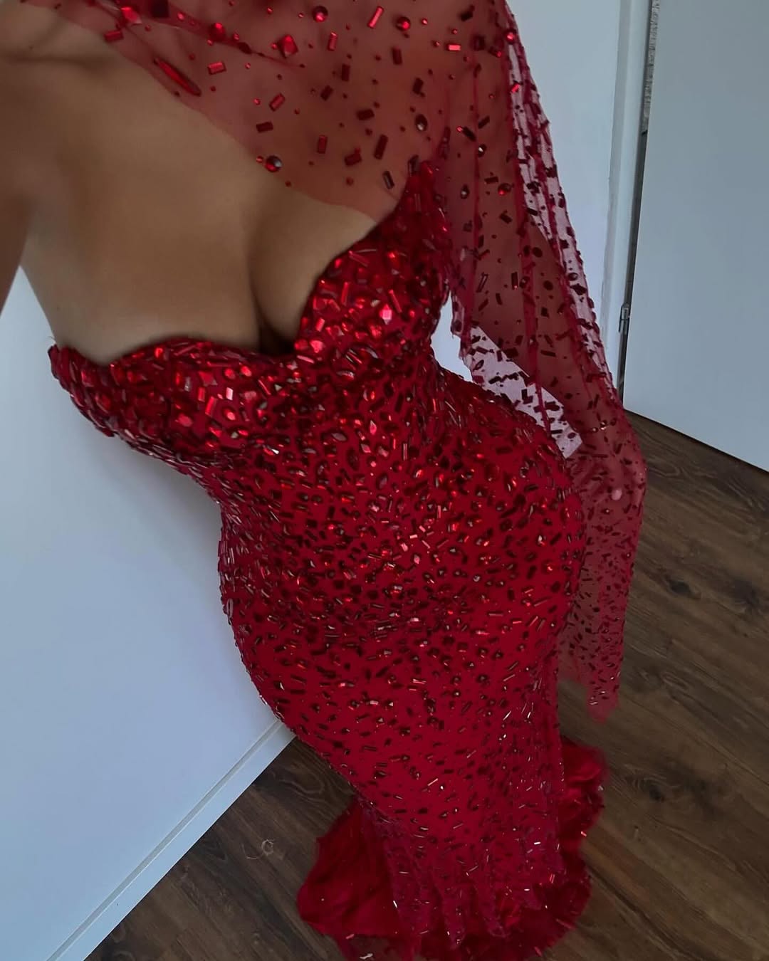 Beaded Straight Across Mermaid Red Glamorous Prom Dress With Scarf