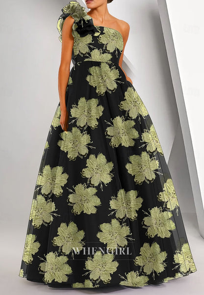 A-Line Floor Length Evening Gown Sleeveless One Shoulder Ruffles Mother of the Bride Dress