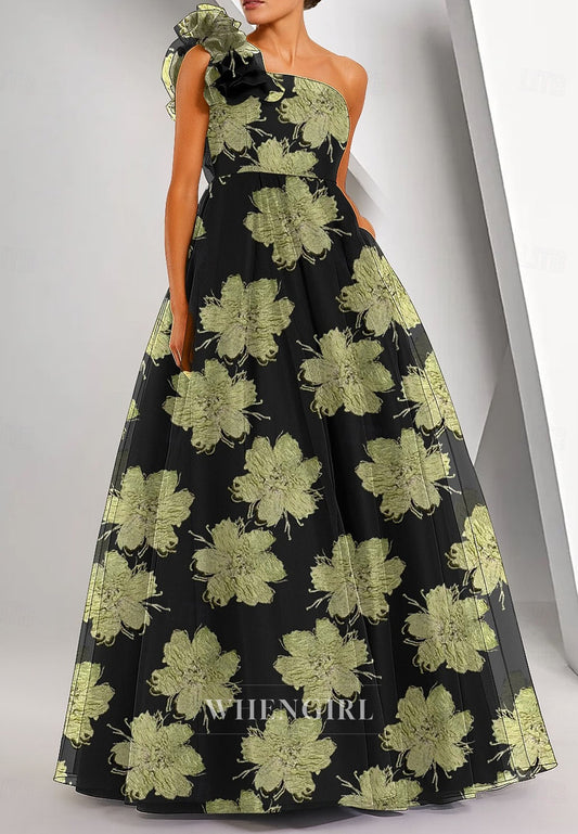 A-Line Floor Length Evening Gown Sleeveless One Shoulder Ruffles Mother of the Bride Dress