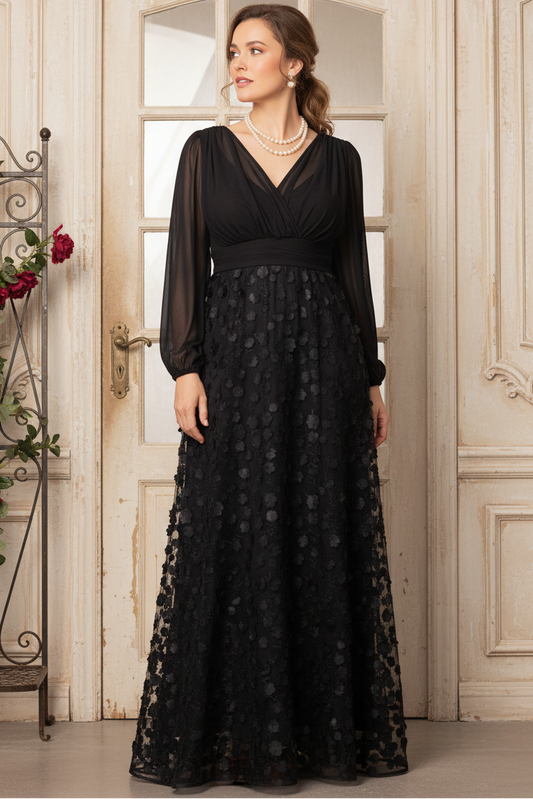 A-Line Black V Neck Long Sleeves Mother of the Bride Gown