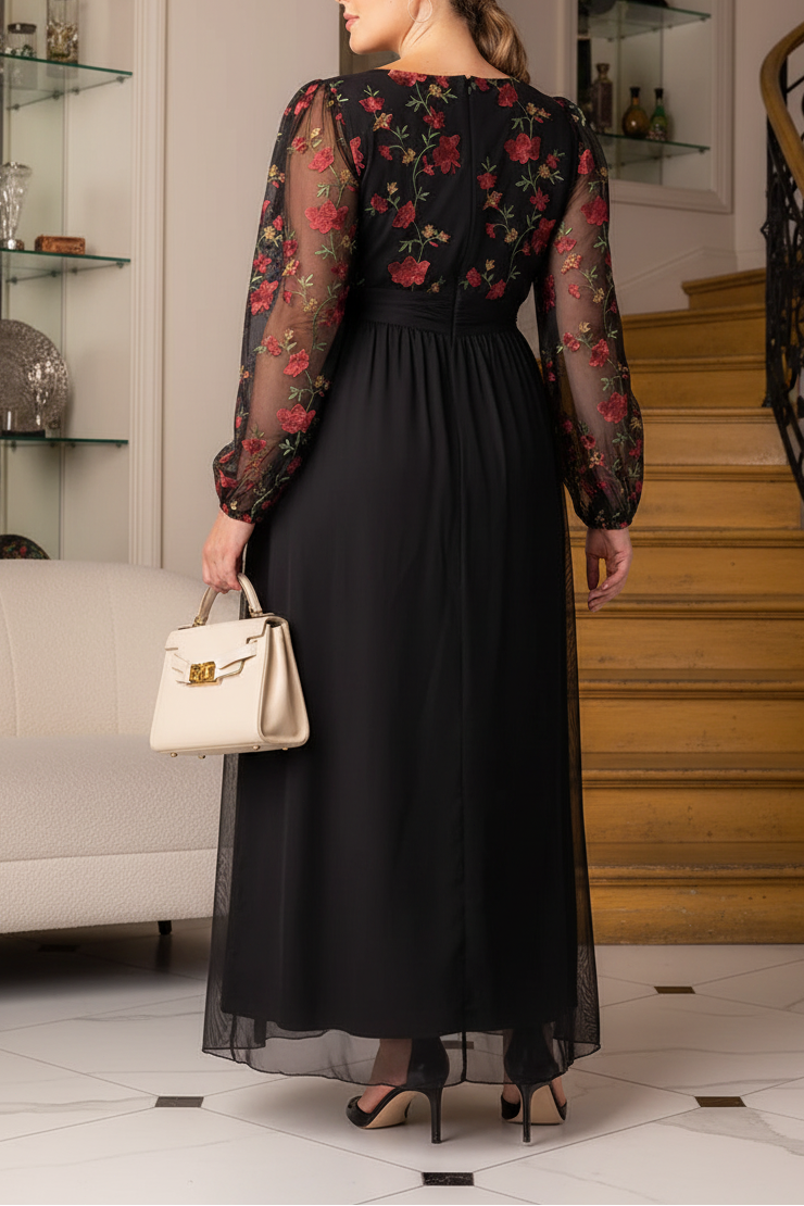 Black Floral Embroidered Bodice Evening Gown Mother of the Bride Dress