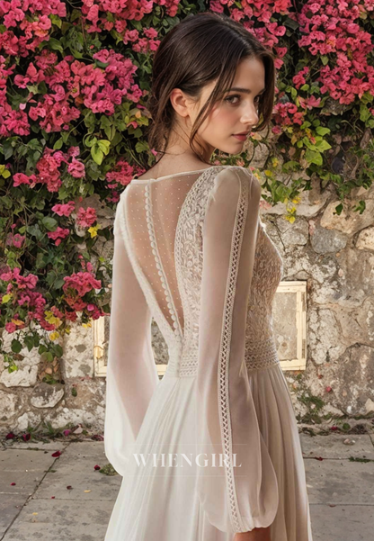 Elegant A-Line V Neck Long Sleeves Lace Chiffon Wedding Dress