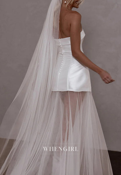 Sheath Tube Top Strapless Detachable Long Sleeves Lace Hem Floor Length Wedding Dress