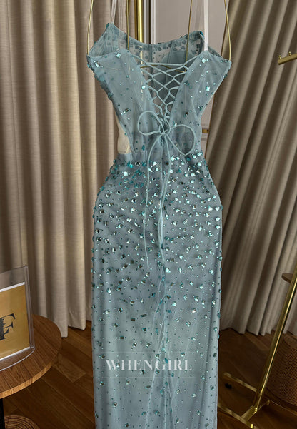 Sheath Full Beaded Strapless Sleeveless Pleated Side Slit Formal Prom Dress