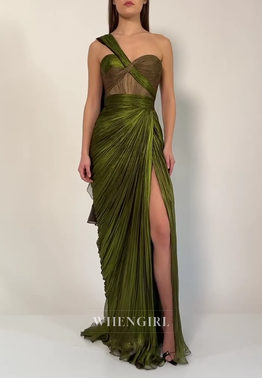 One Shoulder Sheath Sleeveless Pleated Side Slit Formal Evening Dress