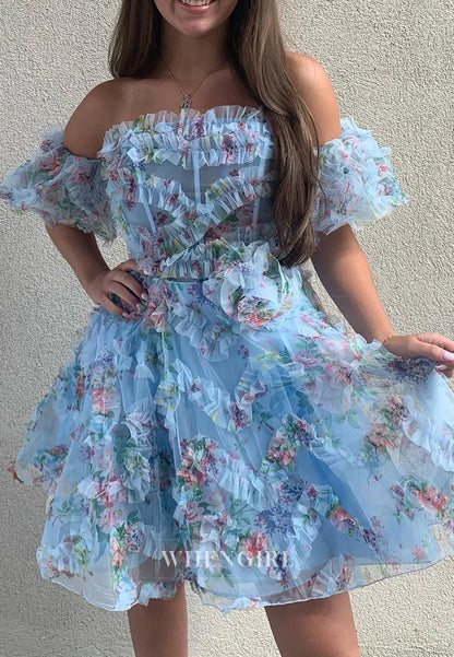 Blue Printed Off the Shoulder A-Line Short Homecoming Dress with Ruffles