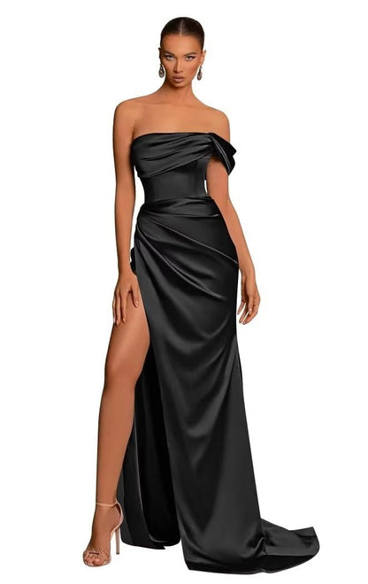 Chic One Shoulder Sleeveless Side Slit Pleats Satin Party Dress with Train Bridesmaid Dress