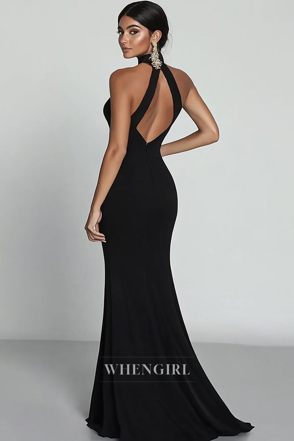 Sexy High Neck Sleeveless Sheath High Slit Satin Gala Dress Formal Gowns with Cut Outs