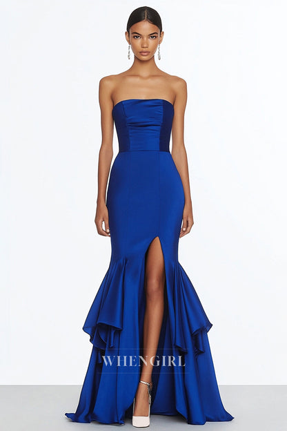 Classic Tube Top Mermaid Gala Dresses Sleeveless Satin Party Dress with High Slit