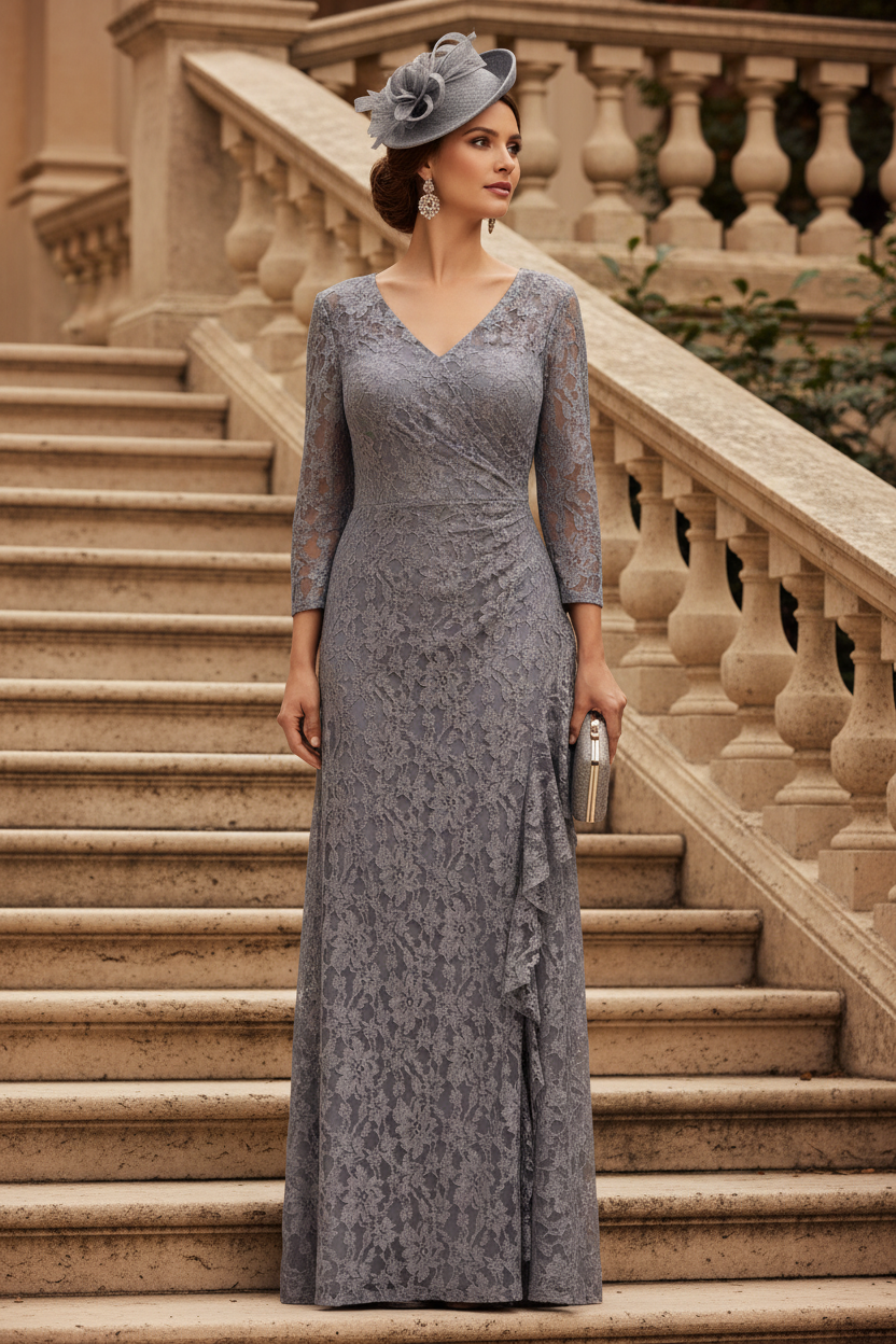 Gray V Neck Long Sleeves Lace Ruffle Mother of the Bride Dress
