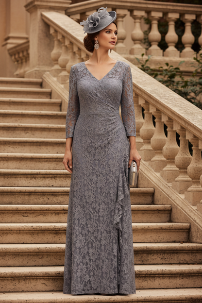 Gray V Neck Long Sleeves Lace Ruffle Mother of the Bride Dress