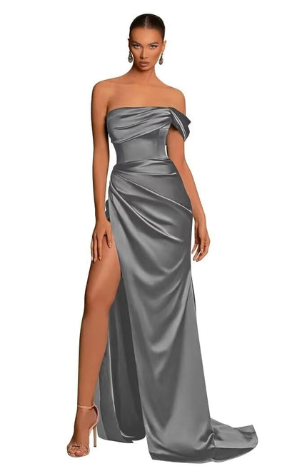 Chic One Shoulder Sleeveless Side Slit Pleats Satin Party Dress with Train Bridesmaid Dress