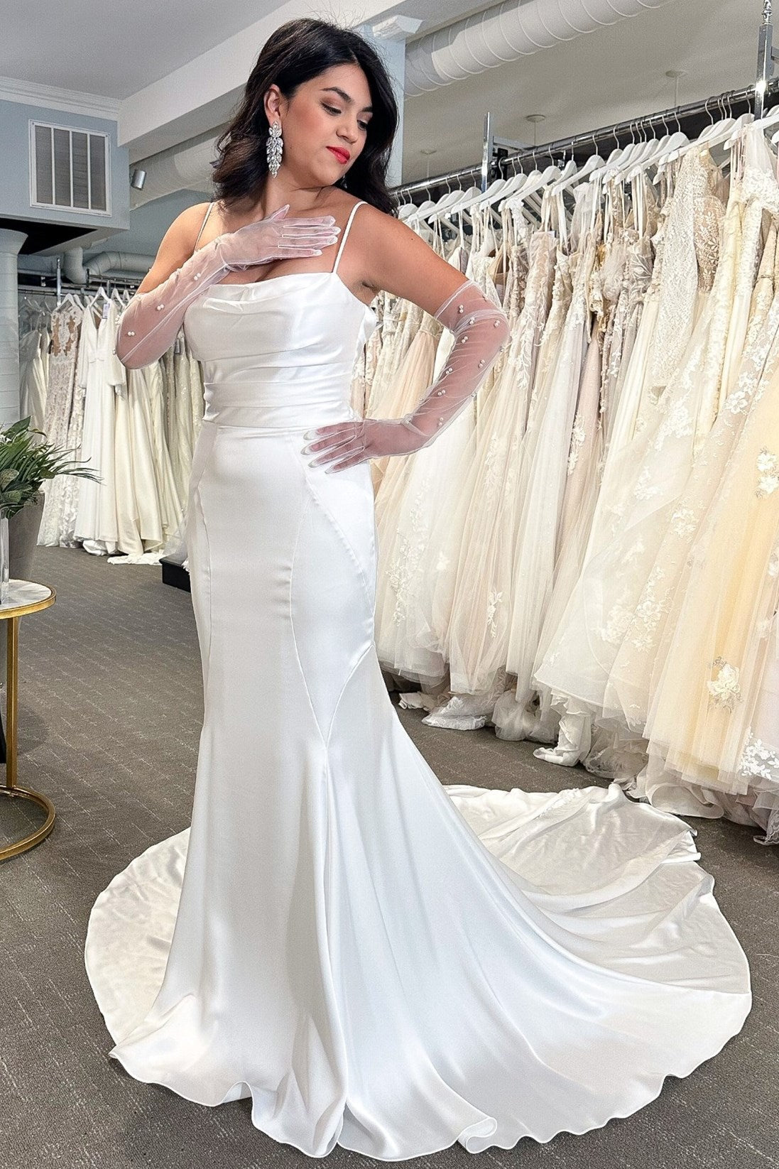 White Cowl Neck Open Back Mermaid Long Wedding Dress