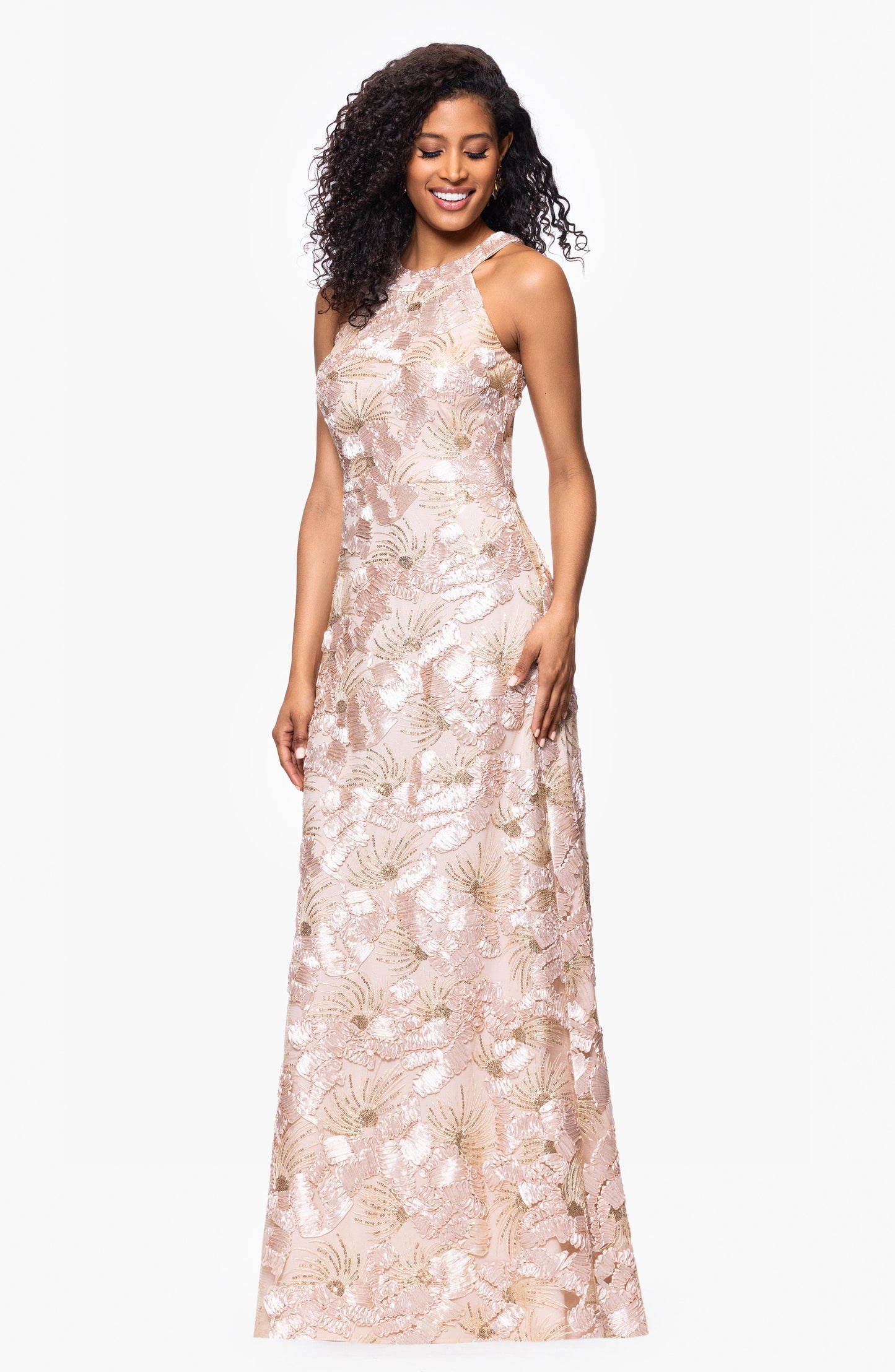 Sequin Floral Sleeveless Halter Mother of the Bride Gown