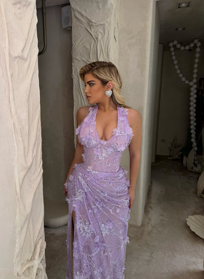 Lavender Halter Ruched Slit Sheath Evening Dress