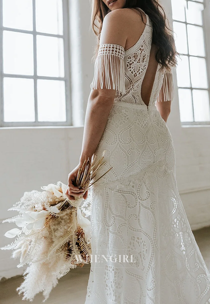 Sheath Halter Lace Tassel Sleeveless Sweep Train Beach Boho Wedding Dress