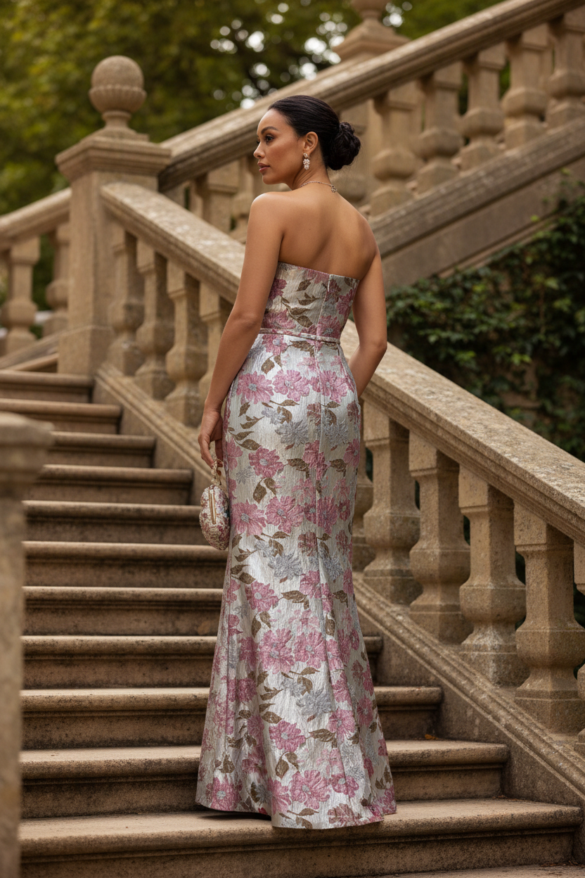 Tube Top Ruffle Floral Jacquard Mother of the Bride Dress