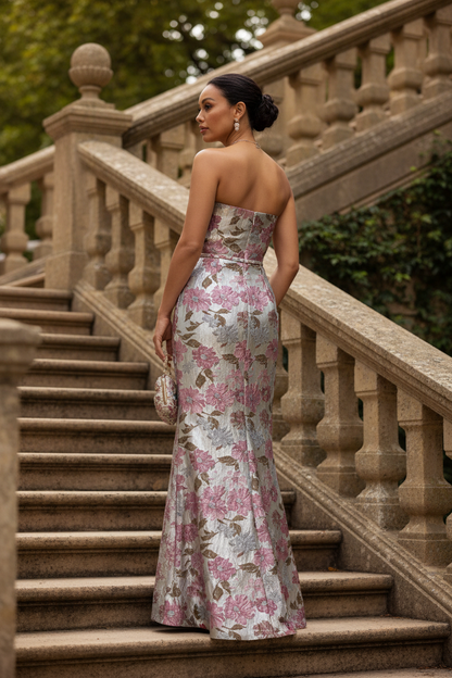 Tube Top Ruffle Floral Jacquard Mother of the Bride Dress