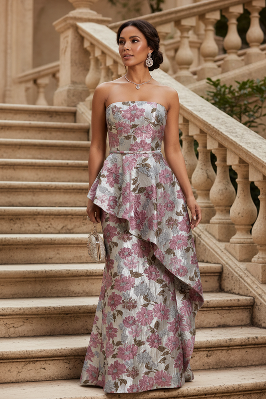 Tube Top Ruffle Floral Jacquard Mother of the Bride Dress