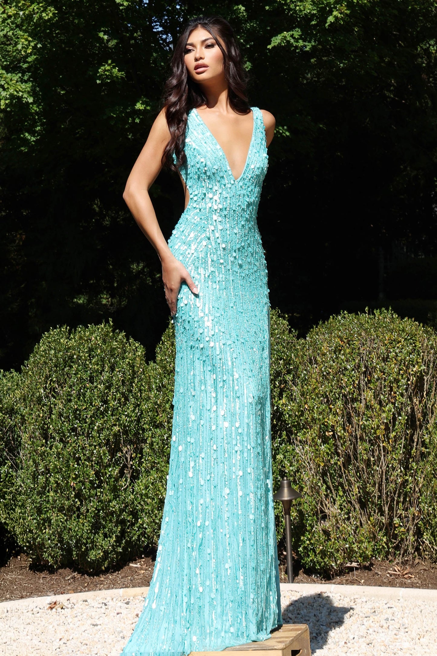Sequin V Neck Slit Sheath Prom Dress