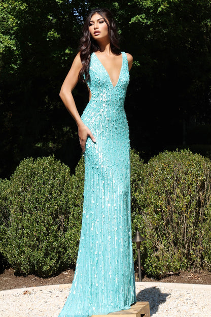 Sequin V Neck Slit Sheath Prom Dress