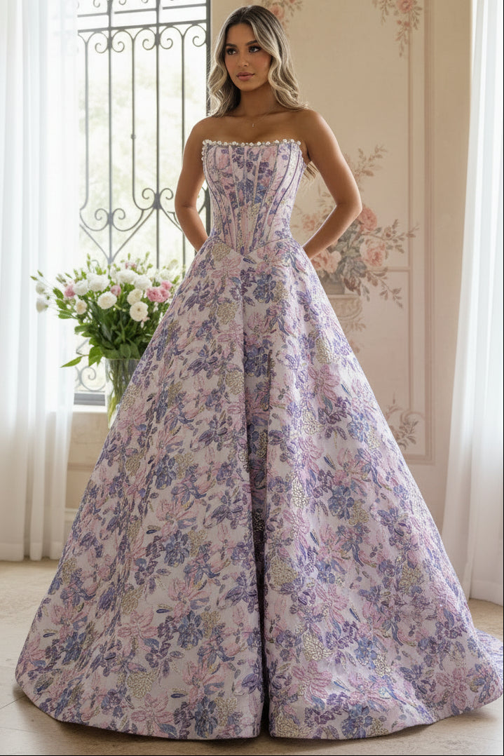 Cute A Line Scoop Neck Jacquard Satin Prom Dress with Pearls