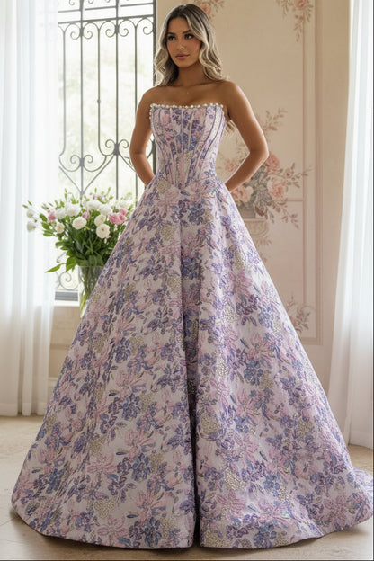 Cute A Line Scoop Neck Jacquard Satin Prom Dress with Pearls