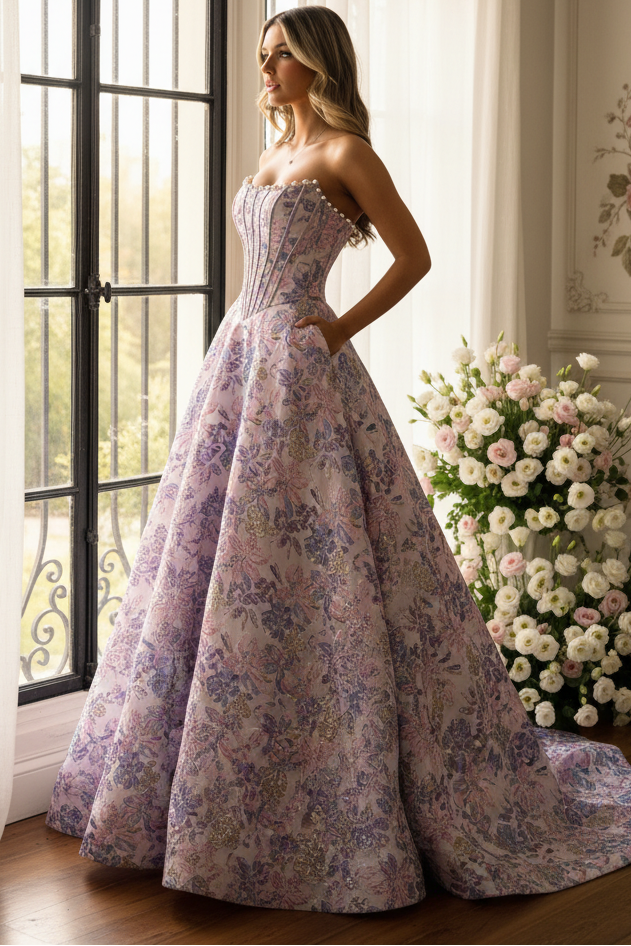 Cute A Line Scoop Neck Jacquard Satin Prom Dress with Pearls