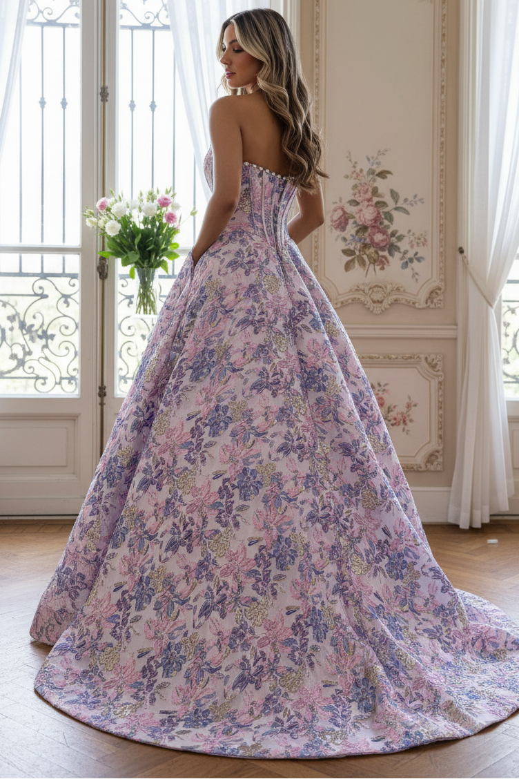 Cute A Line Scoop Neck Jacquard Satin Prom Dress with Pearls