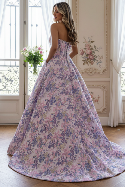 Cute A Line Scoop Neck Jacquard Satin Prom Dress with Pearls