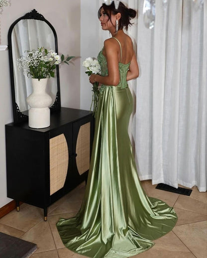 Satin Lace Beaded Prom Dresses Long Sweetheart Evening Dresses with Slit