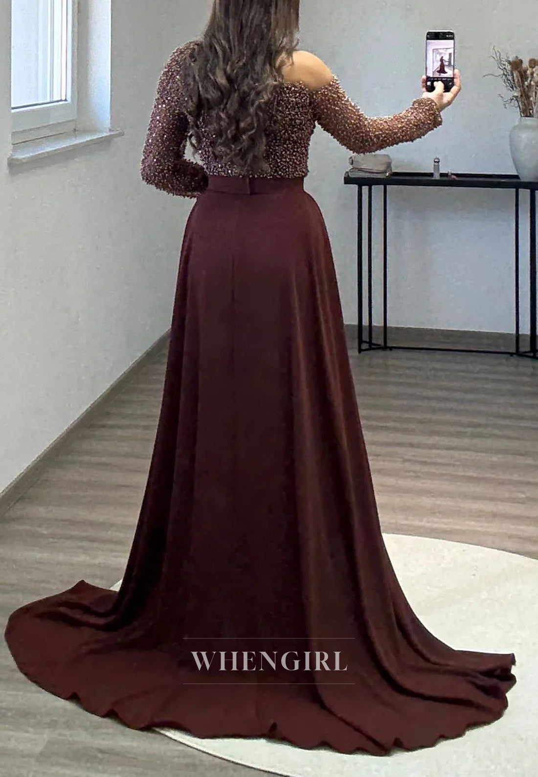 Asymmetrical Neck Beaded Long Sleeves Sheath Sweep Train Evening Formal Dress