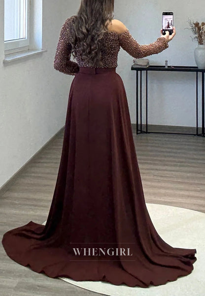Asymmetrical Neck Beaded Long Sleeves Sheath Sweep Train Evening Formal Dress