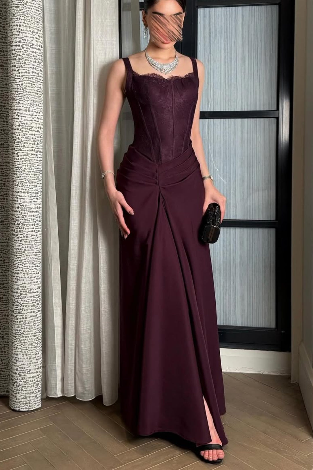 Elegant Burgundy Corset Ruched Lace Slit Evening Dress