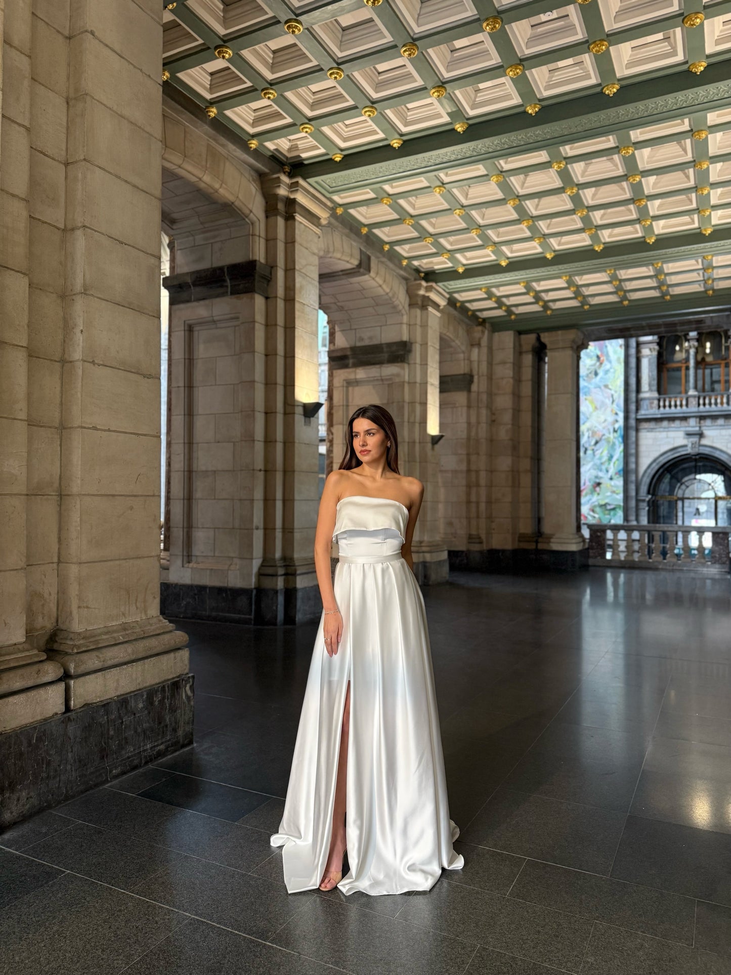 Tube Top Sleeveless Draped Side Slit Wedding Dress