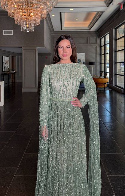 Bateau Neck A-Line Embellished Cape Sleeve Dress