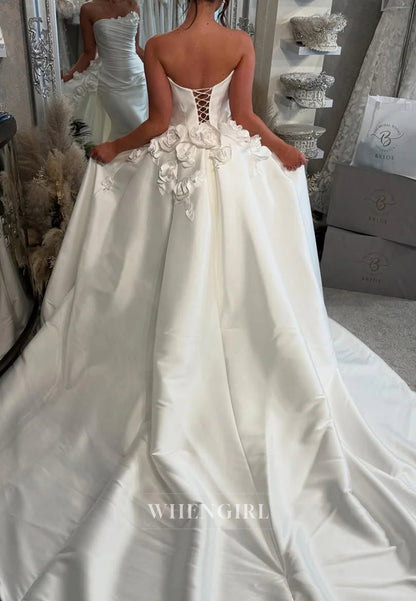 Mermaid Tube Top Sleeveless Floral Strapless Lace Up Court Train Wedding Dress