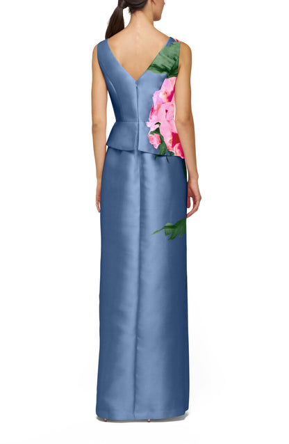 Blue Sheath Bateau Neck Slit Flower Column Gown