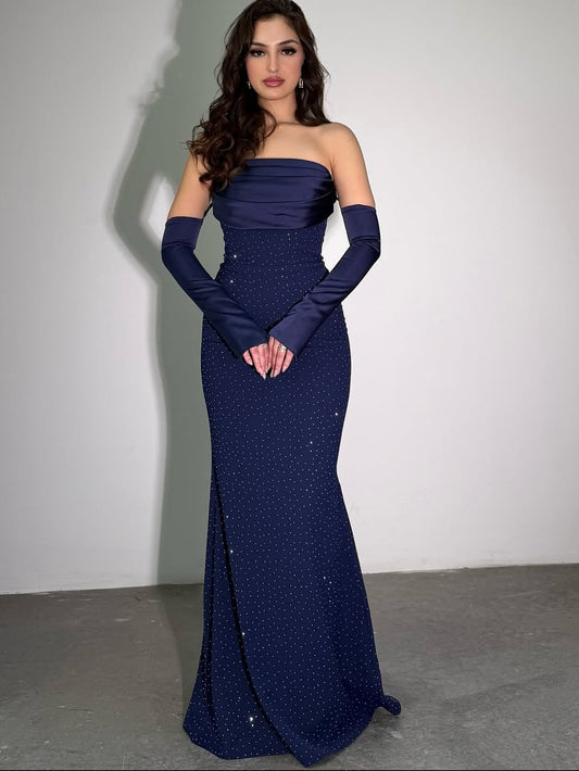 Pleated Elegant Straight Across Dark Navy Mermaid Prom Dress With Gloves